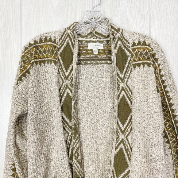 Lucky Brand | Green & Gray Aztec Print Open Front Cardigan Sweater Size Medium - Picture 5 of 10